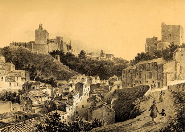 Vista de la Alhambra las Torres Bermejas y Calle de los Gomeles (Granada)