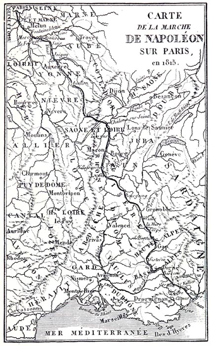 Carte Indiquant la Marche de Napoléon sur Paris en 1815