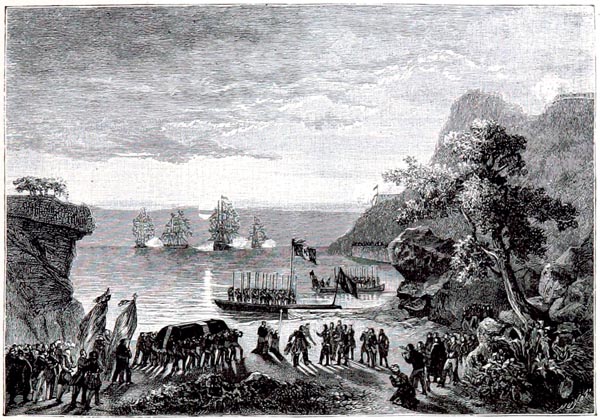 Le Corps de Napoléon Quitte la Terre d'Exil à Sainte-Hélène, le 16 octobre 1840. Lithographie de Monthelier