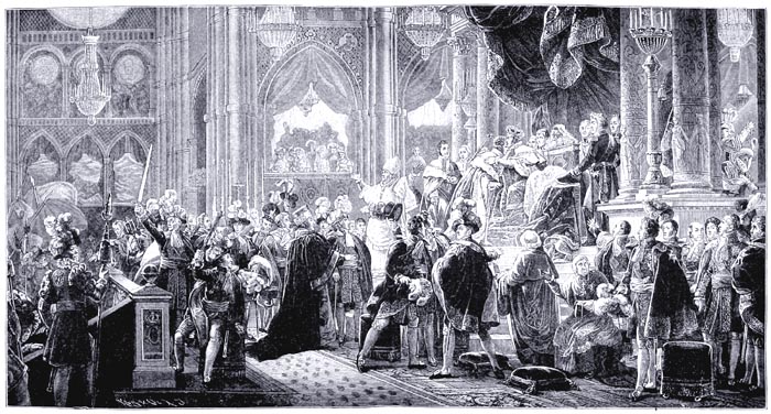 The Anointing of Charles X. of France in the Cathedral of Rheims on May 29, 1825. From a Steel Engraving by Dien of the Original Painting by François Pascal Gérard (Versailles, Historical Gallery)