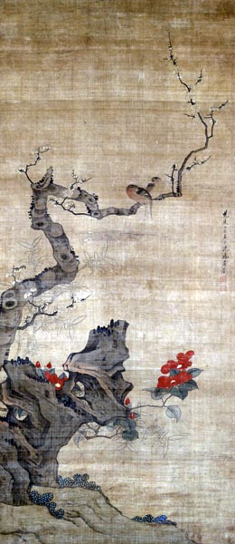 Red Camellia, Plum, Bamboo and Wild Birds, Shen Wuji (ca. 1620 - 1660)