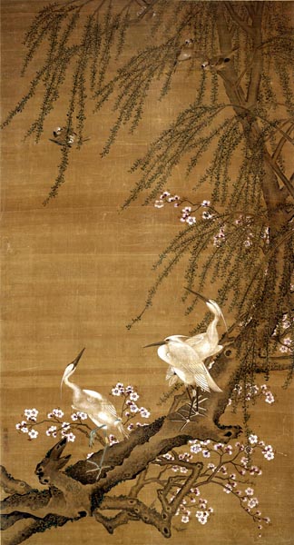 Egrets, Small Birds, Willows and Peach Blossoms, Zhao Yong (b. 1289)