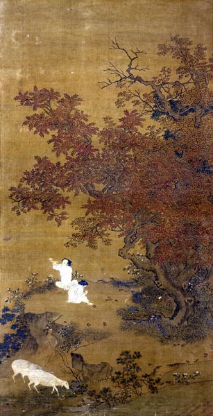 Two Boys Playing in a Garden with Sheep, Zhao Yong (b. 1289)