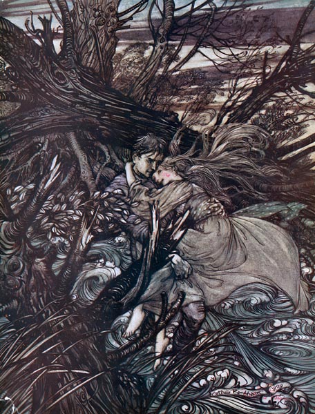 The knight took the beautiful girl in his arms... - Arthur Rackham (English, 1867-1939)