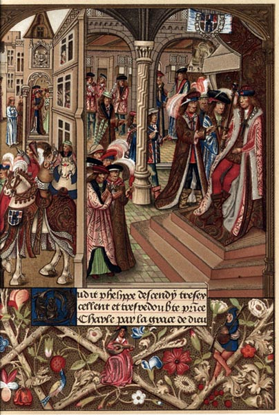 Charles, Duke of Burgundy, upon his Throne, Surrounded by his Barons and Councillors (miniature from the Abridged Chronicles of Burgundy, fifteenth century manuscript)