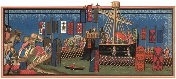 Knights of the Holy Ghost Embarking for the Crusades (after a miniature from the Statutes of the order of the Holy Ghost at Naples. 14th century manuscript, in the Louvre)