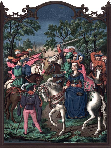 Château Life: Starting for the Promenade (miniature from the Breviary of Cardinal Grimani, assigned to Memling, St Mark’s Library, Venice, fifteenth century)