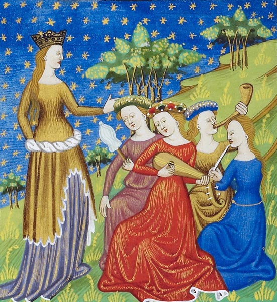 A queen with four women playing musical instruments