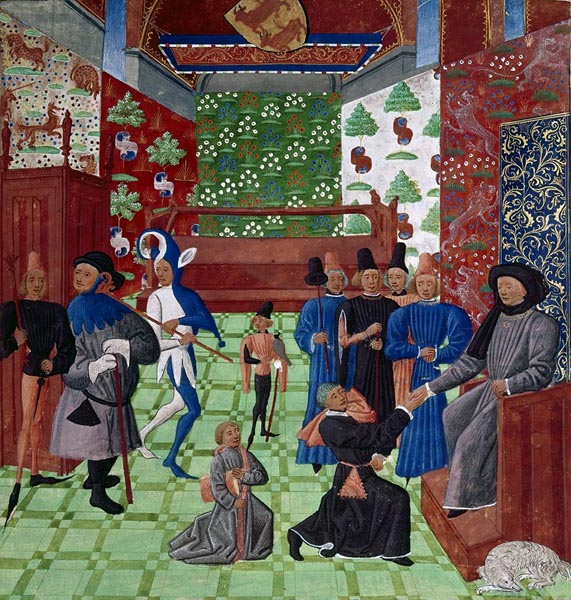 A court gathered in a room decorated with tapestries