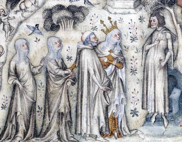 Guillaume de Machaut receiving Nature and three of her children.