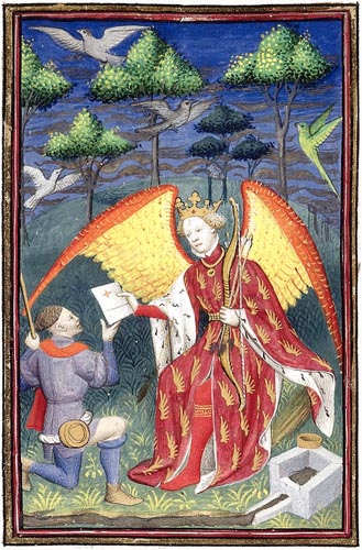 The God of Love presenting a 'royal letter' to a messenger