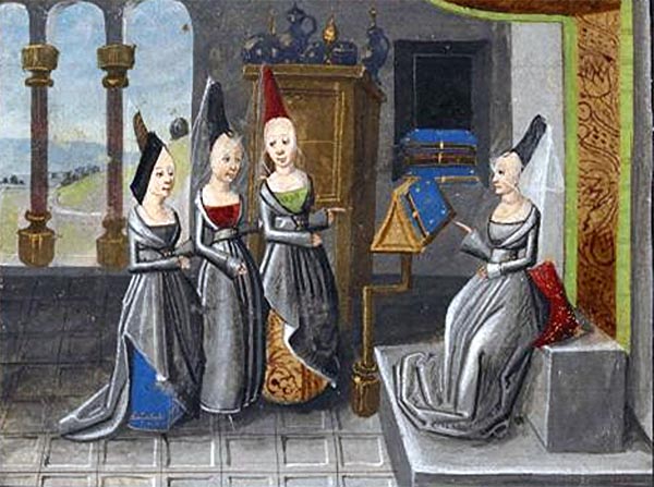 Miniature of Christine, seated with a book, talking to three ladies