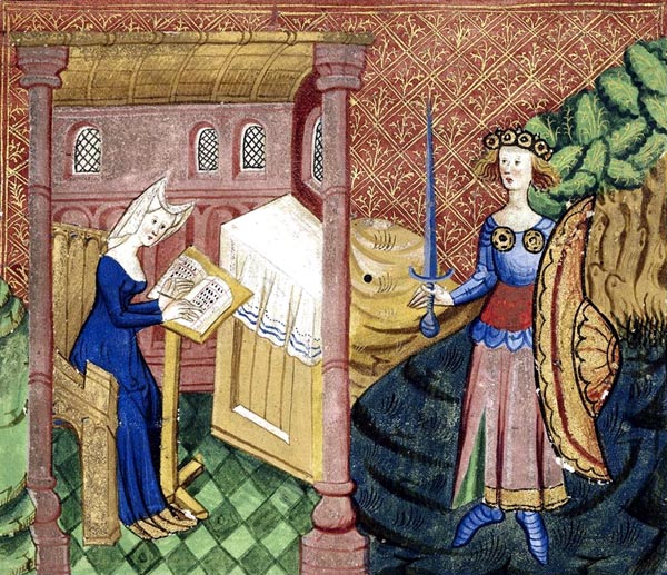 Detail of a miniature of Christine in her study, writing, and, standing outside to the right, the goddess Minerva, armoured, crowned, and carrying a sword and shield.