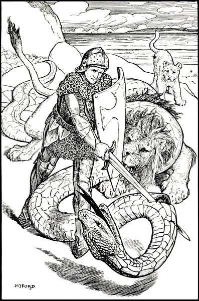 Thinking thus, my Lord Yvain chose to kill the serpent first