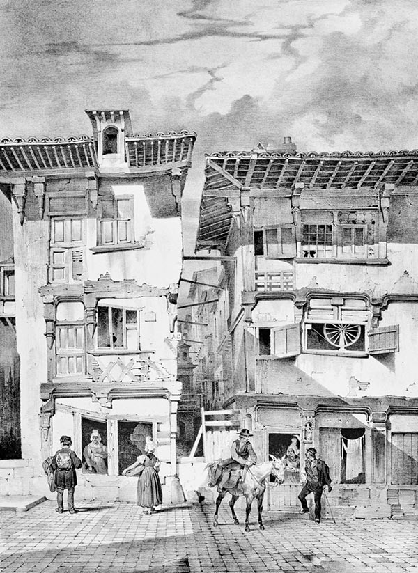 ‘Rennes: Old Houses by the Pont du Cartage’ - Adolphe Jean-Baptiste Bayot (French, 1810–1871)