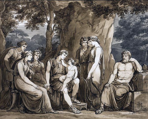 ‘Calypso watches Telemachus with Cupid on his knee, while Mentor watches in anger.’ (1808) - Bartolomeo Pinelli (Italian, 1781-1835)