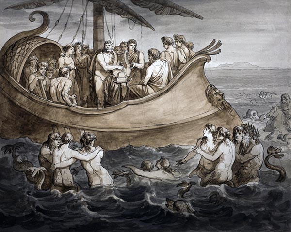‘Telemachus and Mentor in a galley after fleeing the island of Calypso.’ (1808) - Bartolomeo Pinelli (Italian, 1781-1835)