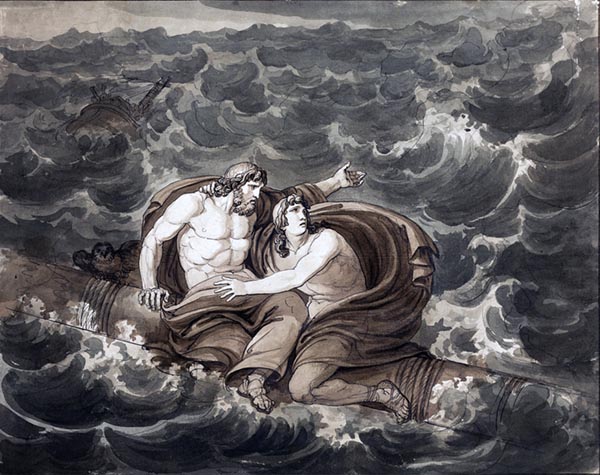 ‘Mentor and Telemachus, having survived the storm, are spirited to the island of Calypso on a mast.’ (1808) - Bartolomeo Pinelli (Italian, 1781-1835)