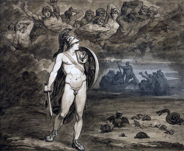 ‘Telemachus, believing that his father, Ulysses, is dead, searches for him in the Underworld.’ (1808) - Bartolomeo Pinelli (Italian, 1781-1835)