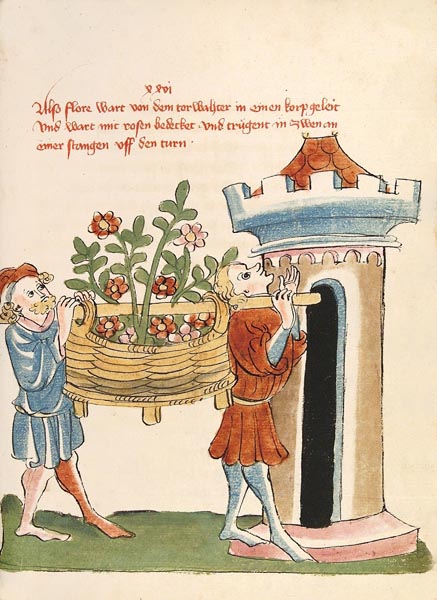 The flower baskets are carried into the tower