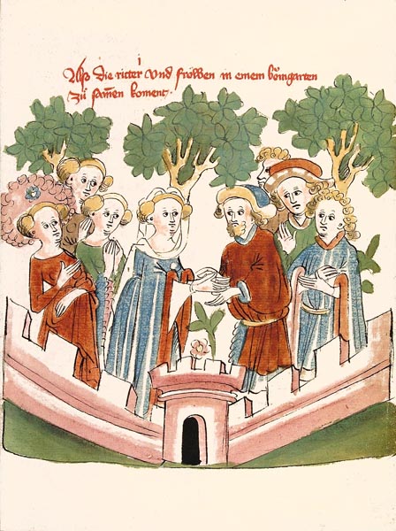 The meeting of knights and ladies in the orchard