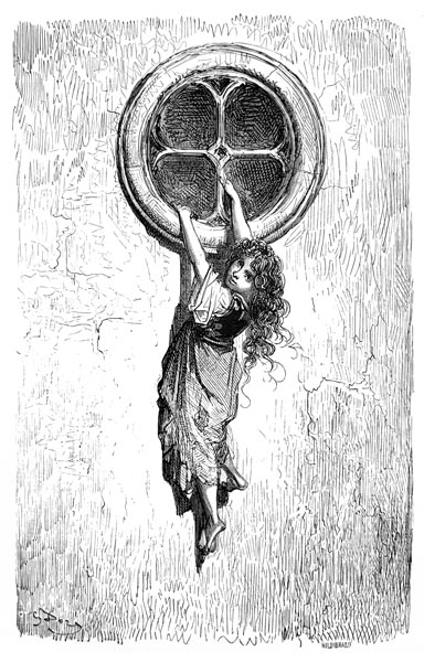 Gustave Doré (1832-1883) - A little girl, clinging with her hand to the rim of the opening.