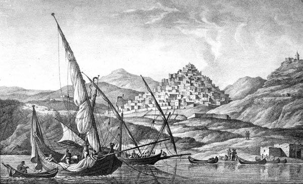 View of the island of Syros with sailboats in the water - Eenens (1822 - 1825)