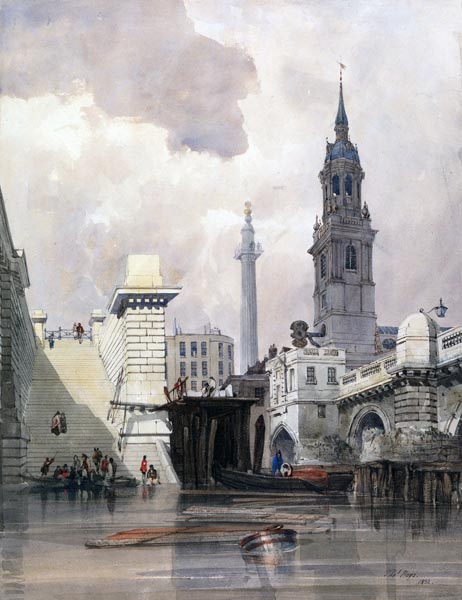 The Church of St. Magnus the Martyr, London Bridge, with the Monument in the Background (1832) Thomas Shotter Boys (English, 1803-1874)