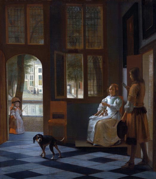 Man Handing a Letter to a Woman in the Entrance Hall of a House (1670) - Pieter de Hooch (Dutch, 1629-1684)
