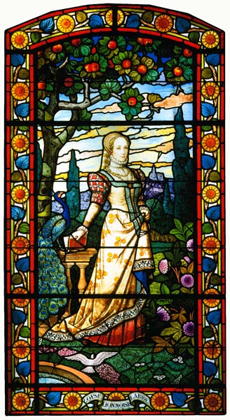 Stained glass window depicting Louise Labé