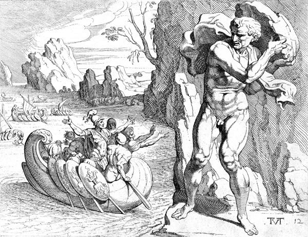 Polyphemus hurls a rock at Odysseus' ship