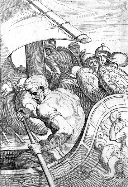 Odysseus and armour-clad men on their ships