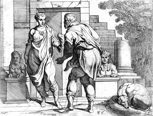 Odysseus, accepts meat from Telemachus