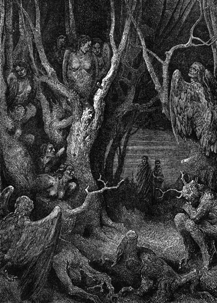 Dante's Inferno. Canto XIII, line 11: 'Here [suicide tree] the brute  Harpies make their nest' (at right: Dante and Virgil). Italian poet Dante  Alighie Stock Photo - Alamy