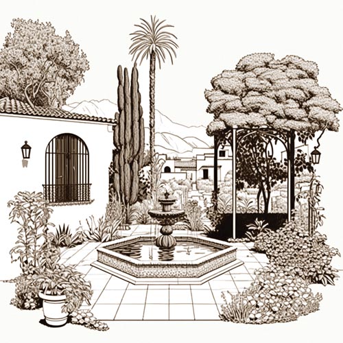 A Spanish garden with fountain