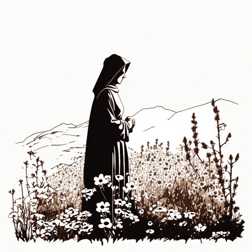 A nun standing in a field of flowers