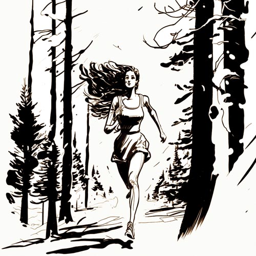 A girl running through a pine forest