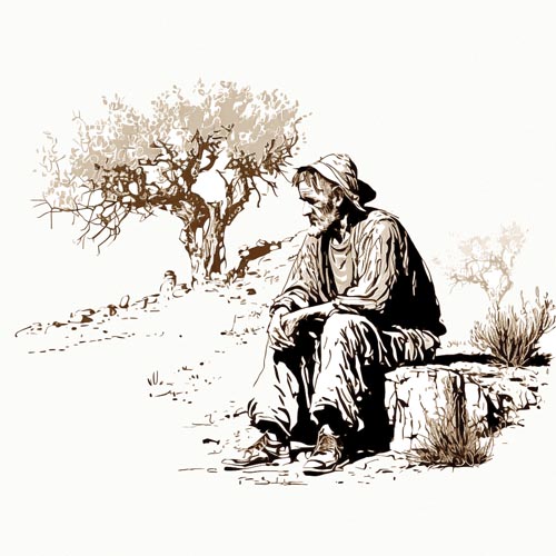 Spanish peasant sitting on a rock in a field